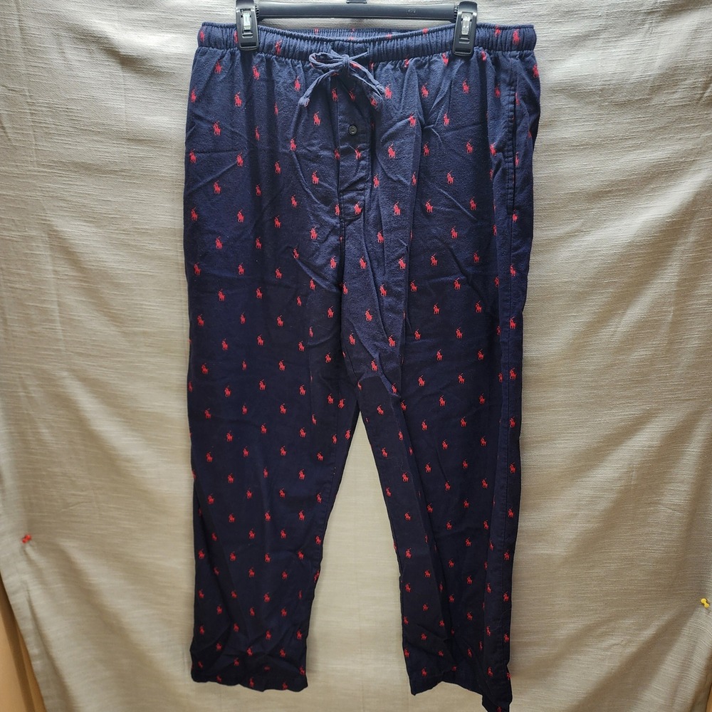 Polo Ralph Lauren Mens Pajama Pants Navy Blue Red Pony Logo Sleepwear Medium